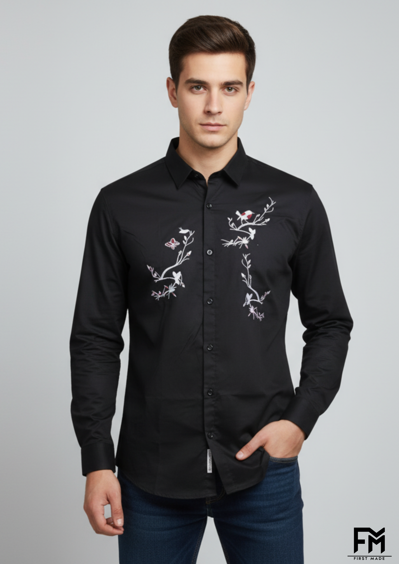 midnight bloom embroidered black shirt for men ||"fm first made"||
