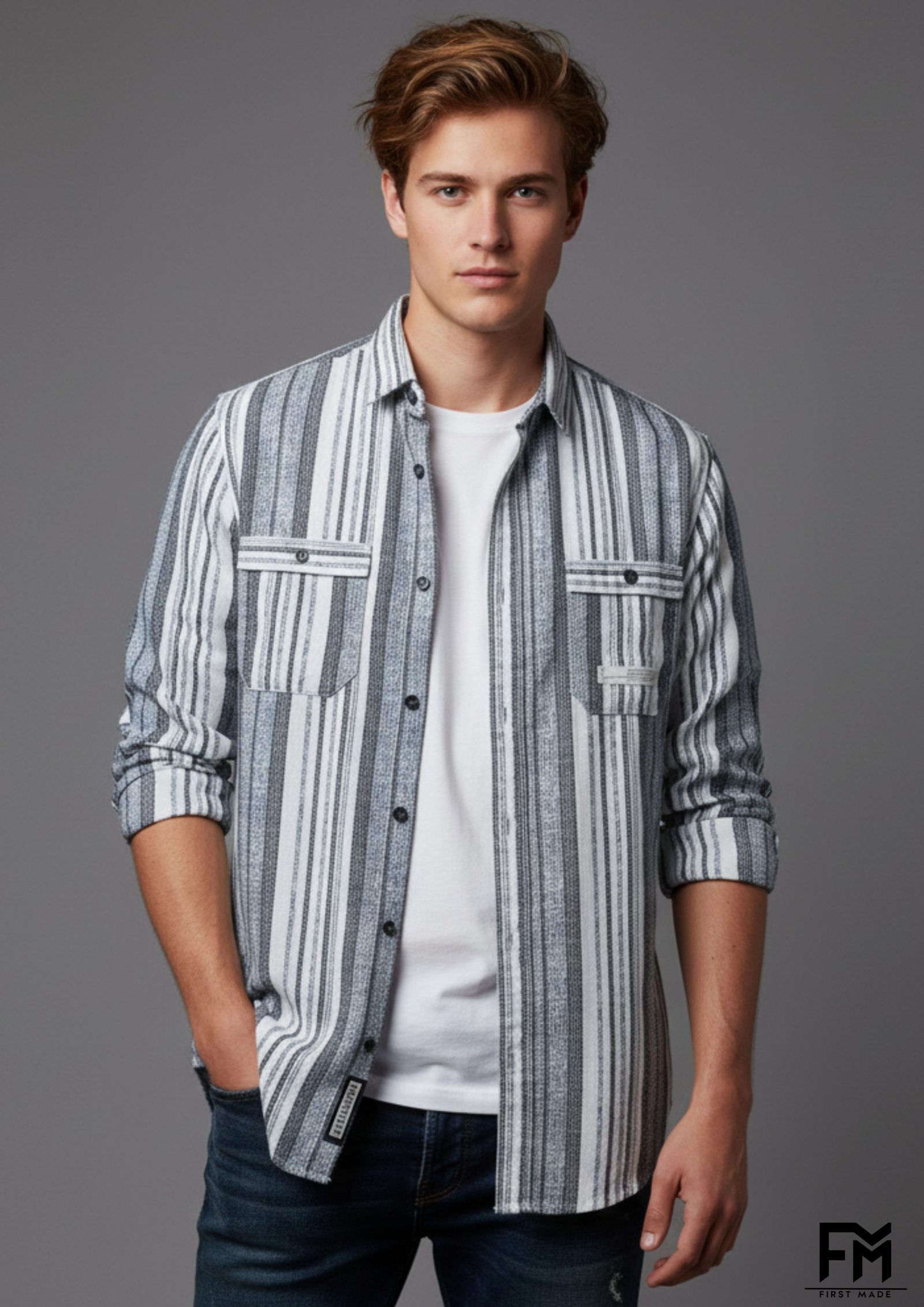 classic striped dual pocket casual shirt ||"fm first made"||
