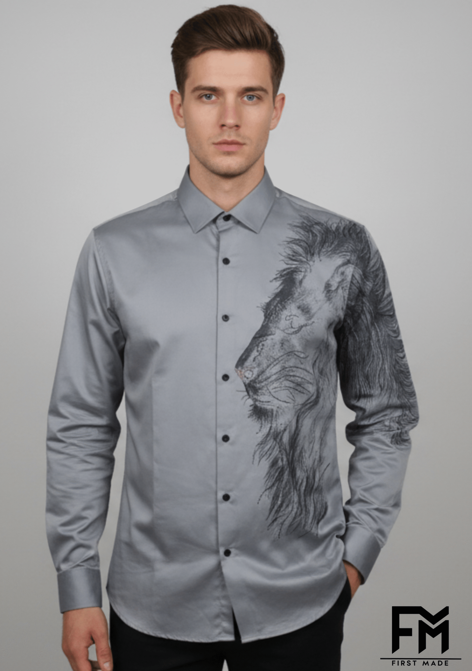silver lion with black stone designer shirt for men ||"fm first made"||