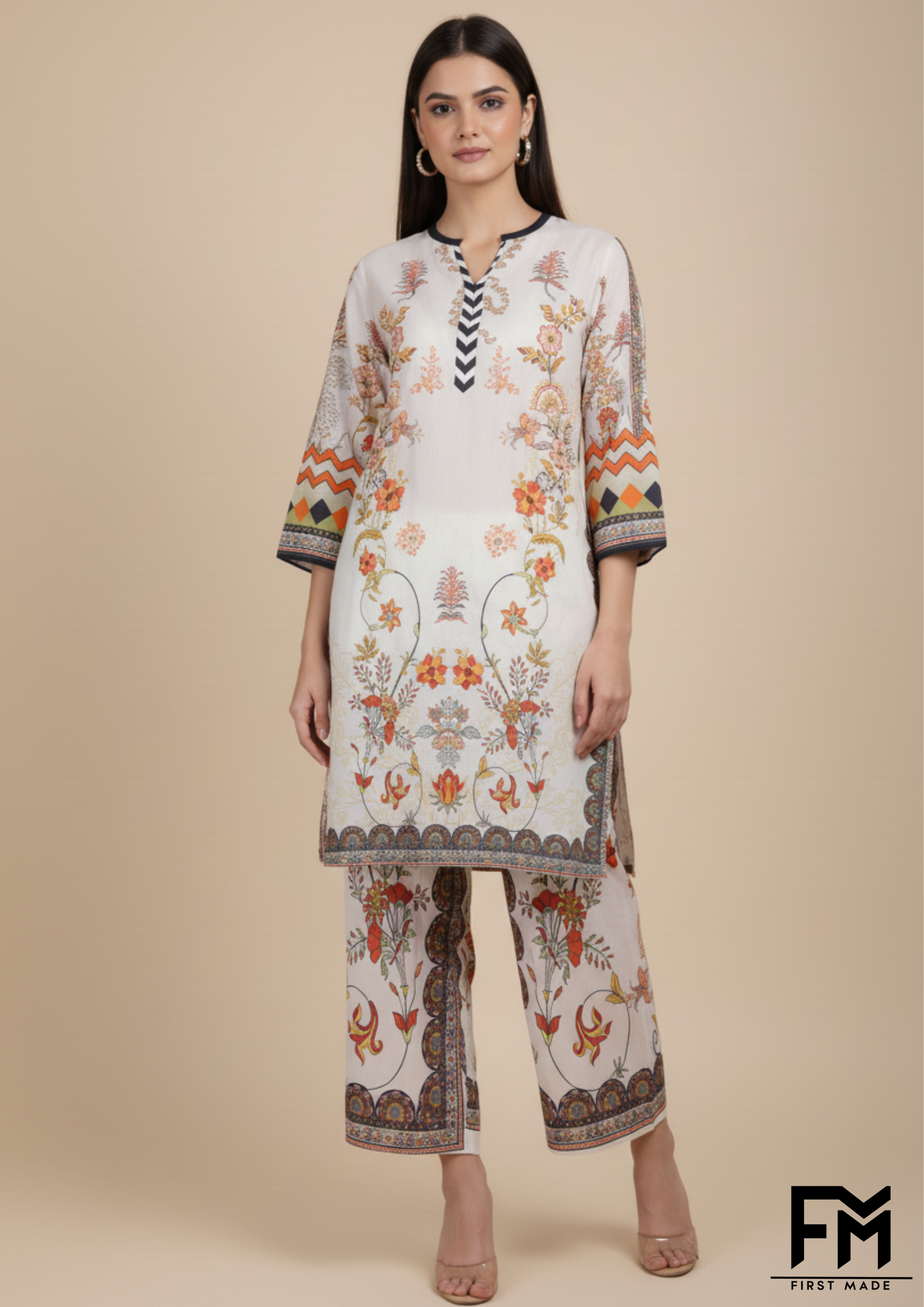 “elegant cream turkish floral co ord set ||"fm first made"||